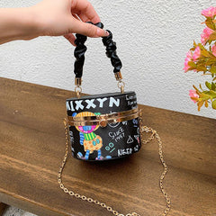 Metal Chain Bucket Crossbody Bag Top Handle Purse Shoulder Bag
