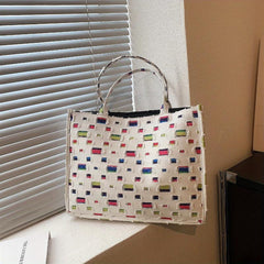 Contrast Patch Tote Bag Niche Fabric Handbag Large Capacity Shoulder Bag