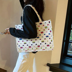 Contrast Patch Tote Bag Niche Fabric Handbag Large Capacity Shoulder Bag