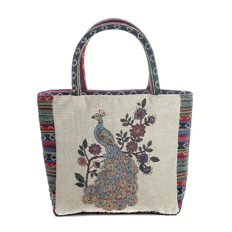 Vintage Peacock Pattern Embroidered Tote Bag Lightweight Storage Handbag