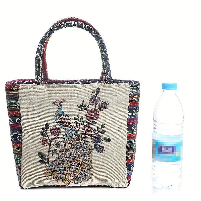 Vintage Peacock Pattern Embroidered Tote Bag Lightweight Storage Handbag