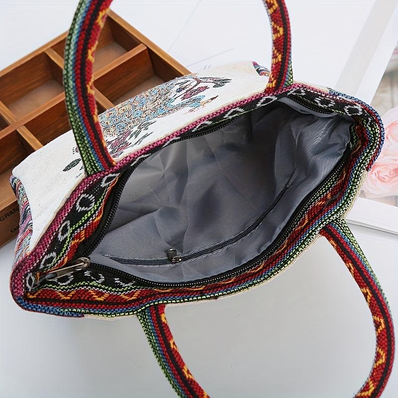 Vintage Peacock Pattern Embroidered Tote Bag Lightweight Storage Handbag