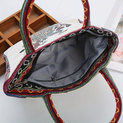 Vintage Peacock Pattern Embroidered Tote Bag Lightweight Storage Handbag