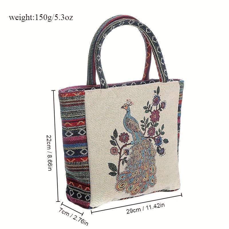 Vintage Peacock Pattern Embroidered Tote Bag Lightweight Storage Handbag