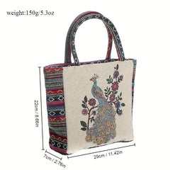 Vintage Peacock Pattern Embroidered Tote Bag Lightweight Storage Handbag