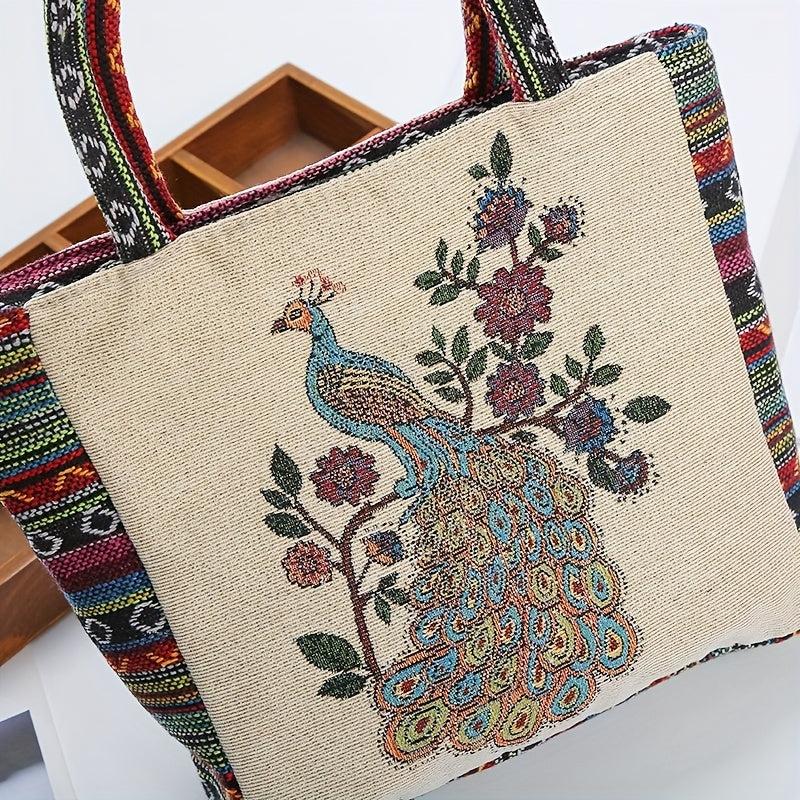 Vintage Peacock Pattern Embroidered Tote Bag Lightweight Storage Handbag