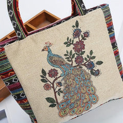 Vintage Peacock Pattern Embroidered Tote Bag Lightweight Storage Handbag
