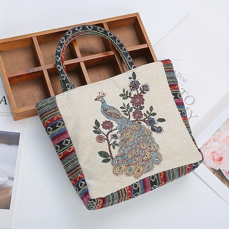 Vintage Peacock Pattern Embroidered Tote Bag Lightweight Storage Handbag