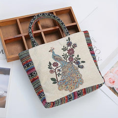 Vintage Peacock Pattern Embroidered Tote Bag Lightweight Storage Handbag
