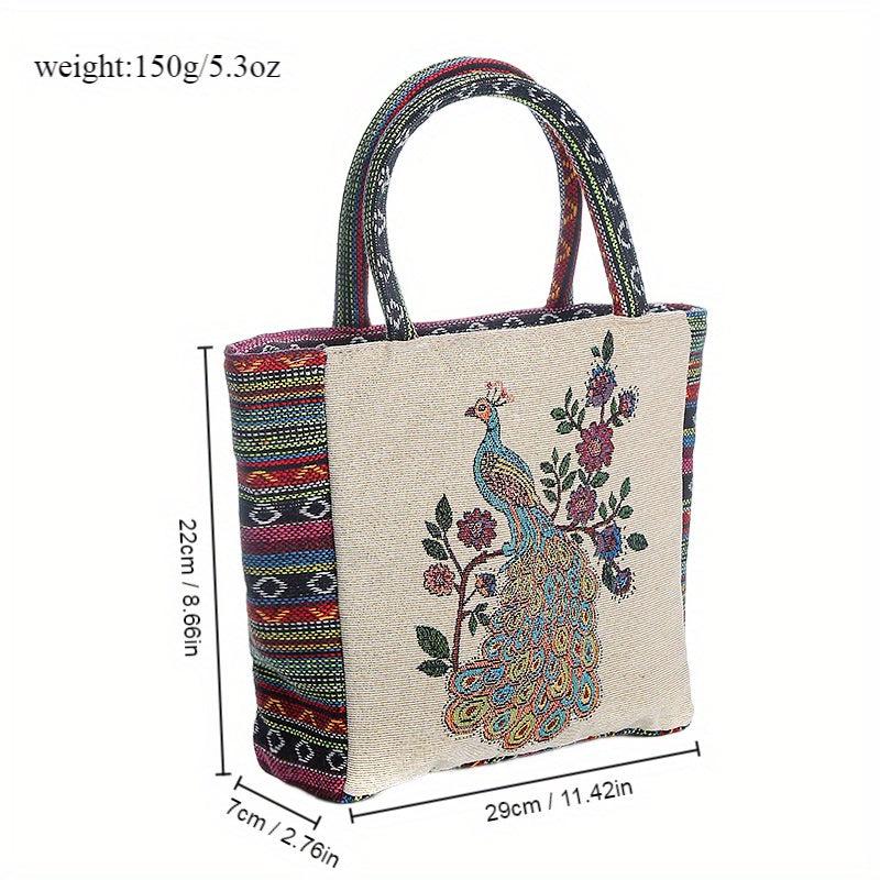 Vintage Peacock Pattern Embroidered Tote Bag Lightweight Storage Handbag