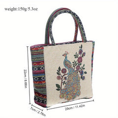 Vintage Peacock Pattern Embroidered Tote Bag Lightweight Storage Handbag
