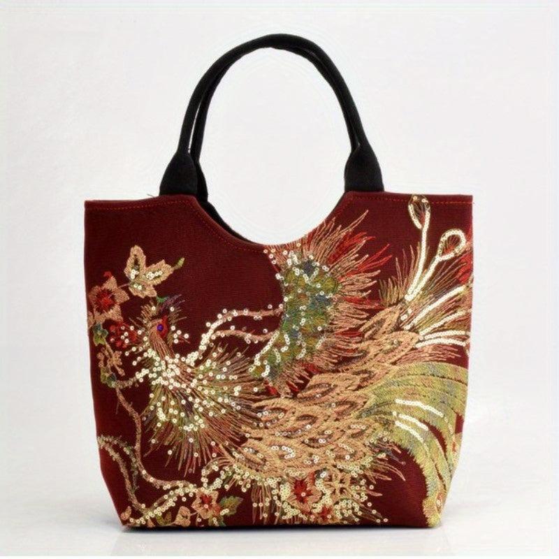 Ethnic Style Sequins Tote Bag Peacock Embroidery Handbags Vintage Canvas