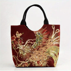 Ethnic Style Sequins Tote Bag Peacock Embroidery Handbags Vintage Canvas
