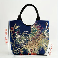 Ethnic Style Sequins Tote Bag Peacock Embroidery Handbags Vintage Canvas