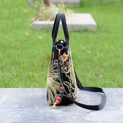 Ethnic Style Sequins Tote Bag Peacock Embroidery Handbags Vintage Canvas