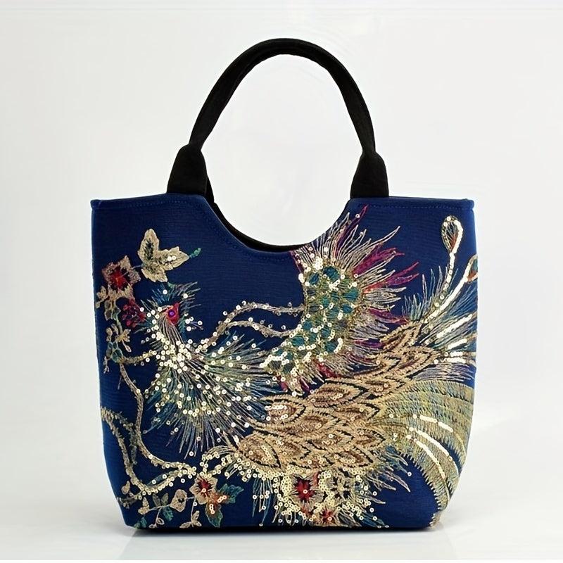 Ethnic Style Sequins Tote Bag Peacock Embroidery Handbags Vintage Canvas