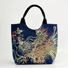 Ethnic Style Sequins Tote Bag Peacock Embroidery Handbags Vintage Canvas