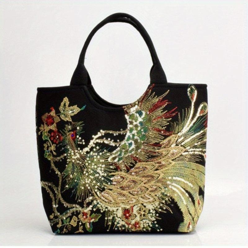 Ethnic Style Sequins Tote Bag Peacock Embroidery Handbags Vintage Canvas