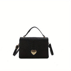 Snakeskin Pattern Handbag Metal Heart Crossbody Flap Square Purse
