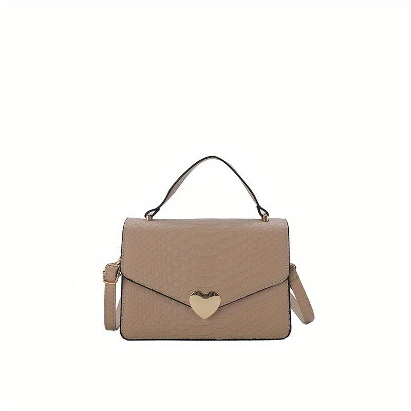 Snakeskin Pattern Handbag Metal Heart Crossbody Flap Square Purse
