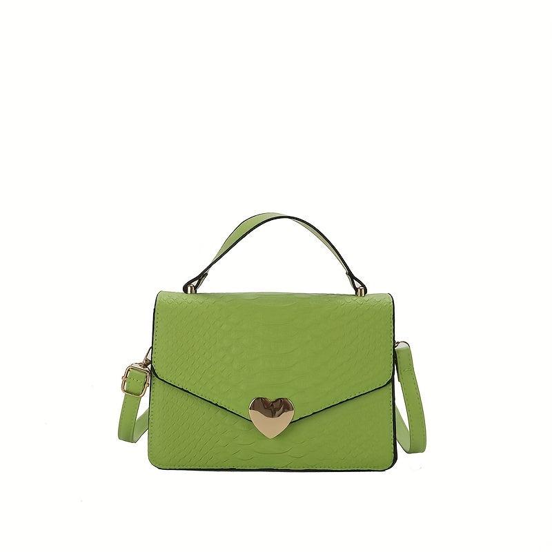 Snakeskin Pattern Handbag Metal Heart Crossbody Flap Square Purse