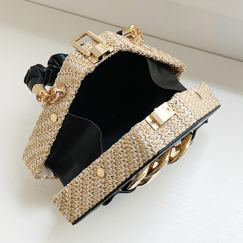 Ruched Top Handle Straw Shoulder Bag