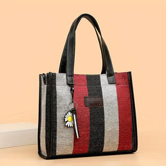 Striped Canvas Tote Bag Large Capacity Shoulder Bag Colorblock Handbags