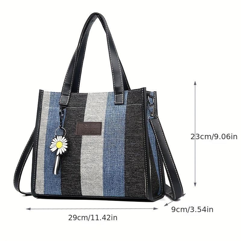 Striped Canvas Tote Bag Large Capacity Shoulder Bag Colorblock Handbags