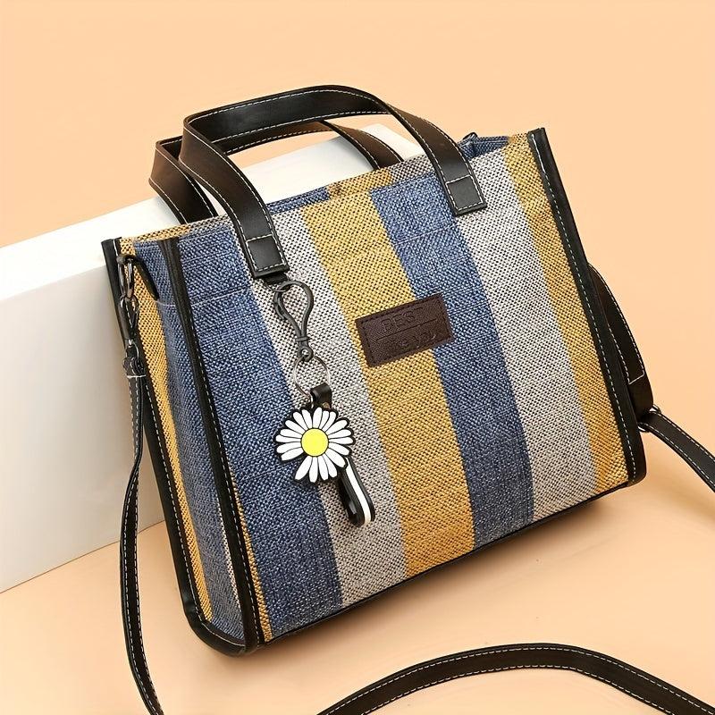 Striped Canvas Tote Bag Large Capacity Shoulder Bag Colorblock Handbags
