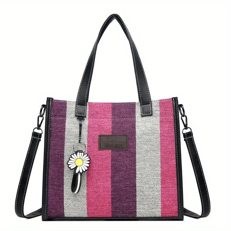 Striped Canvas Tote Bag Large Capacity Shoulder Bag Colorblock Handbags