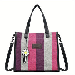Striped Canvas Tote Bag Large Capacity Shoulder Bag Colorblock Handbags