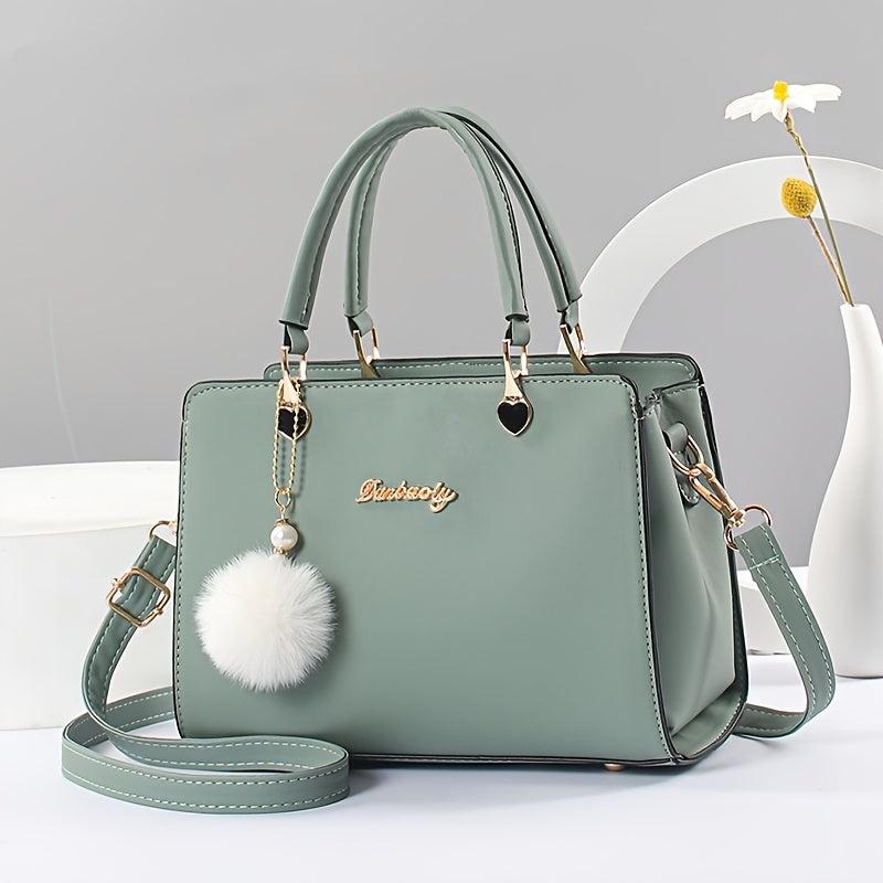 Faux Leather Hand Tote Bag with Fuzzy Ball - Women's Shoulder Bag