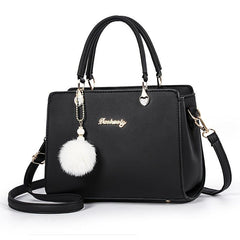 Faux Leather Hand Tote Bag with Fuzzy Ball - Women's Shoulder Bag