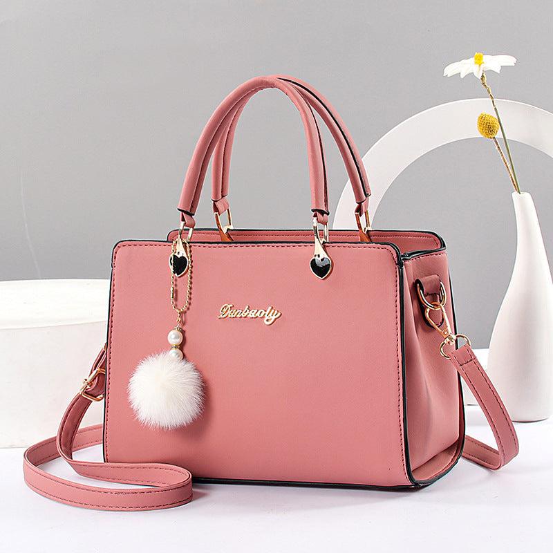 Faux Leather Hand Tote Bag with Fuzzy Ball - Women's Shoulder Bag
