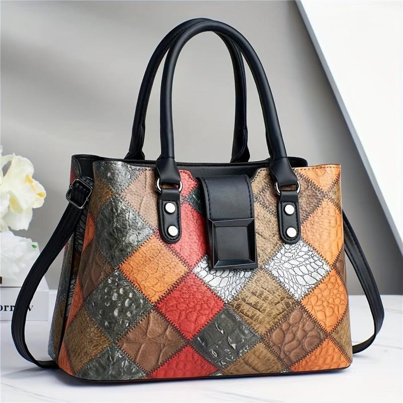 Geometric Pattern Tote Bag Vintage Vegan Leather Satchel