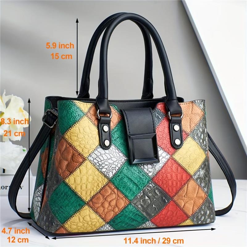 Geometric Pattern Tote Bag Vintage Vegan Leather Satchel