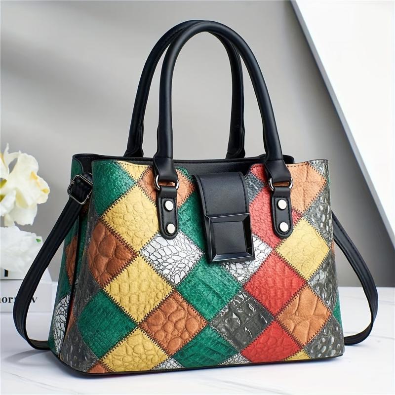 Geometric Pattern Tote Bag Vintage Vegan Leather Satchel