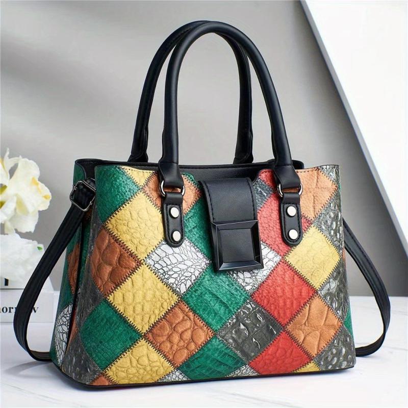 Geometric Pattern Tote Bag Vintage Vegan Leather Satchel