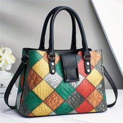 Geometric Pattern Tote Bag Vintage Vegan Leather Satchel