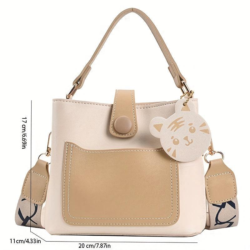 Colorblock Bucket Bag All Match Shoulder Bag Handbag With Detachable Strap