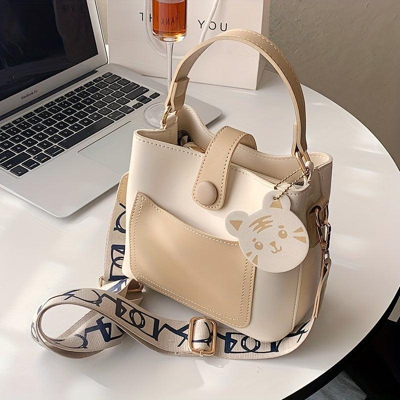 Colorblock Bucket Bag All Match Shoulder Bag Handbag With Detachable Strap