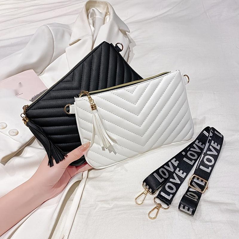 Tassel Crossbody Bag Embossed Design PU Leather Shoulder Bag