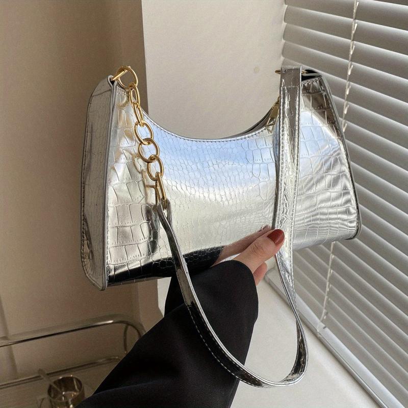 Crocodile Embossed Chain Shoulder Bag Crescent Handbag