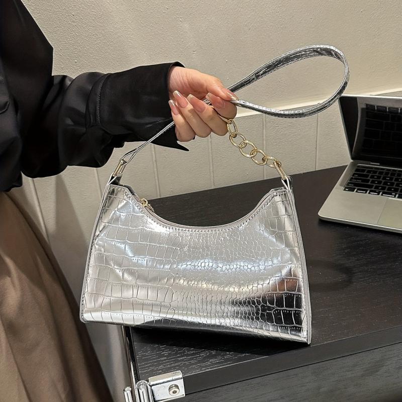 Crocodile Embossed Chain Shoulder Bag Crescent Handbag