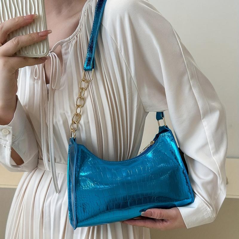 Crocodile Embossed Chain Shoulder Bag Crescent Handbag