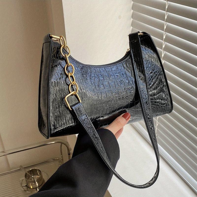 Crocodile Embossed Chain Shoulder Bag Crescent Handbag