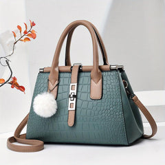 Crocodile Embossed Shoulder Bag with Pom Pom Decor