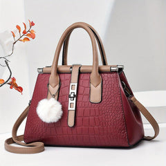 Crocodile Embossed Shoulder Bag with Pom Pom Decor