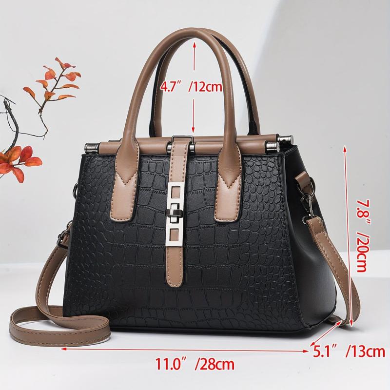 Crocodile Embossed Shoulder Bag with Pom Pom Decor