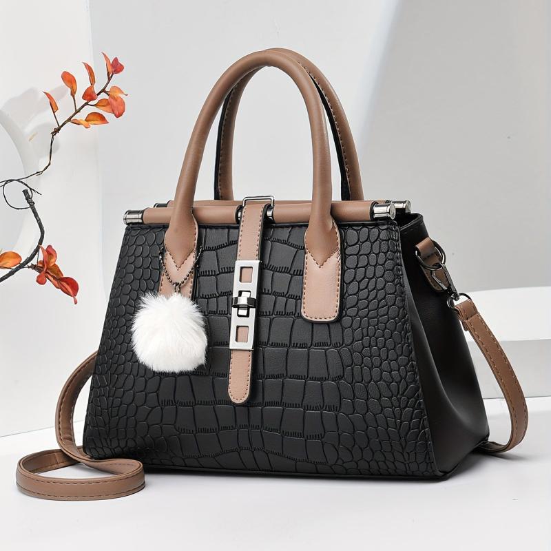 Crocodile Embossed Shoulder Bag with Pom Pom Decor